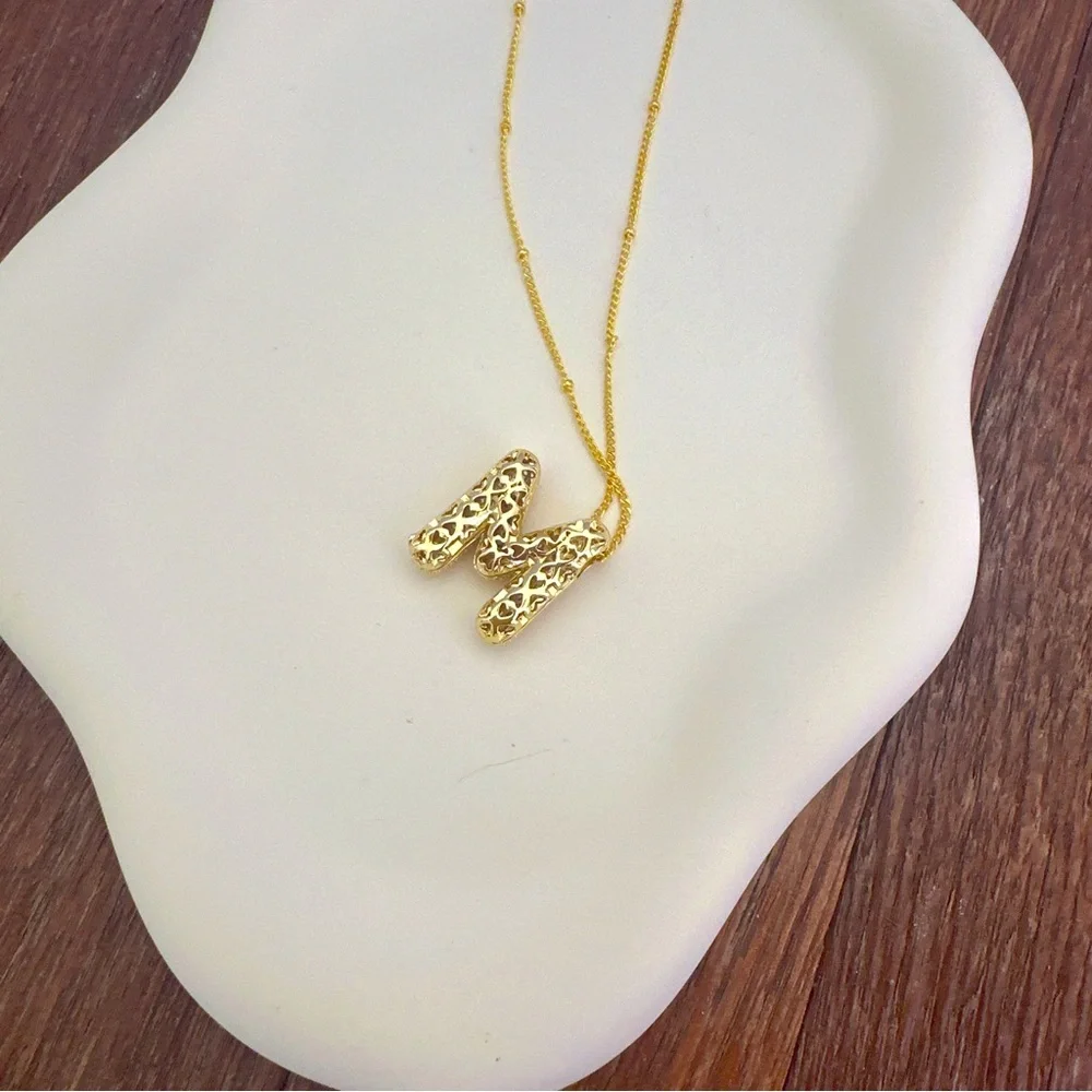 Gold Bubble Letter M Necklace CZ Initial Pendant Gold Tone Layering Necklace